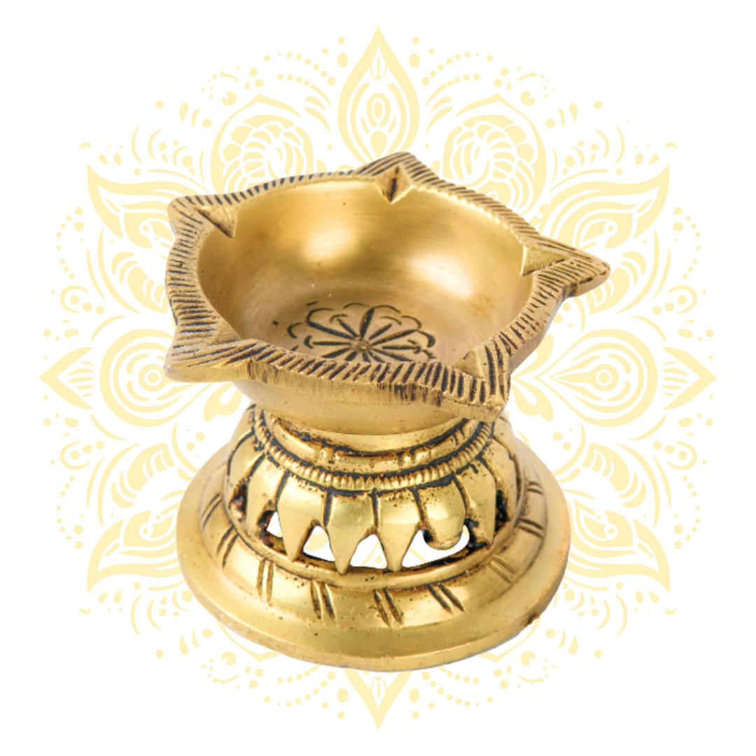 Flower Carved 5 Oil Wicks Brass Diya Lamp 3 x 2.5"