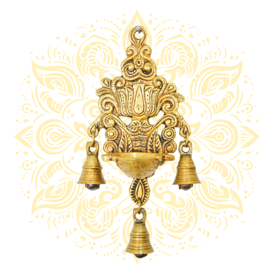 Handicrafts Brass Wall Hanging Diya with 3 Hanging Bells 11 x5 "