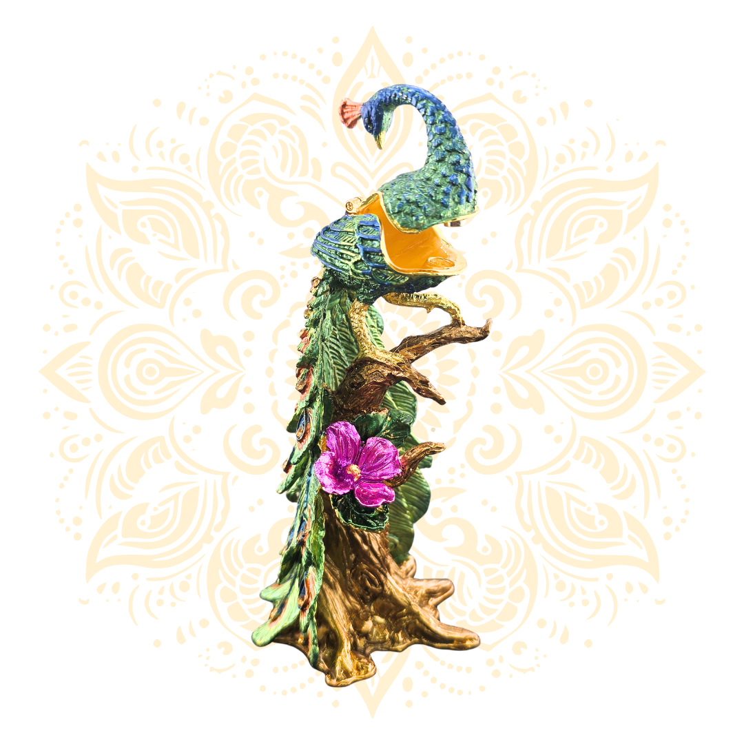 Peacock Metal Trinket Box w/ Crystal Accents | 6 x 3 Inch - Matchless Gifts