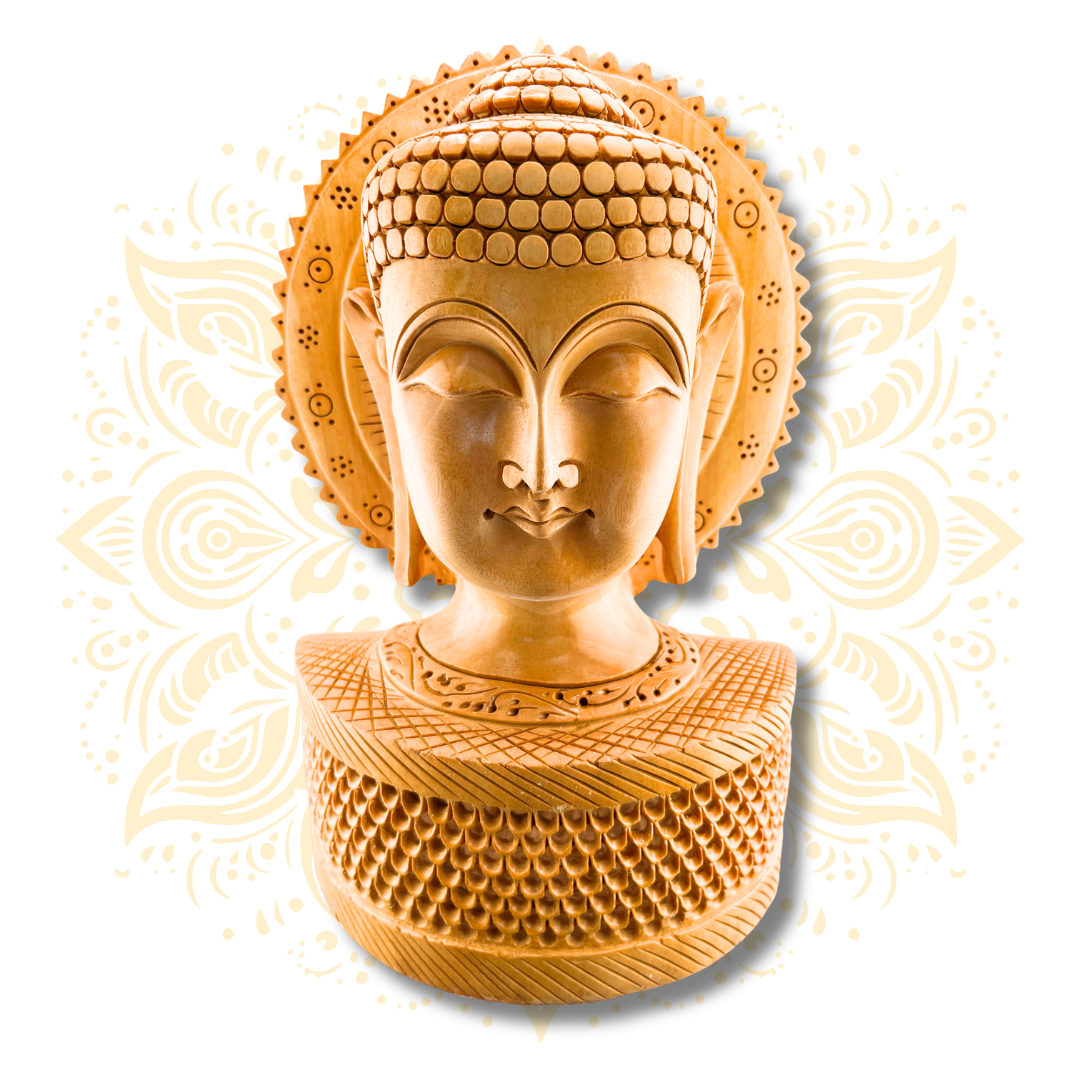 Hand Carved Wooden Buddha Head Statue with Jaali Kiran Halo – 8”