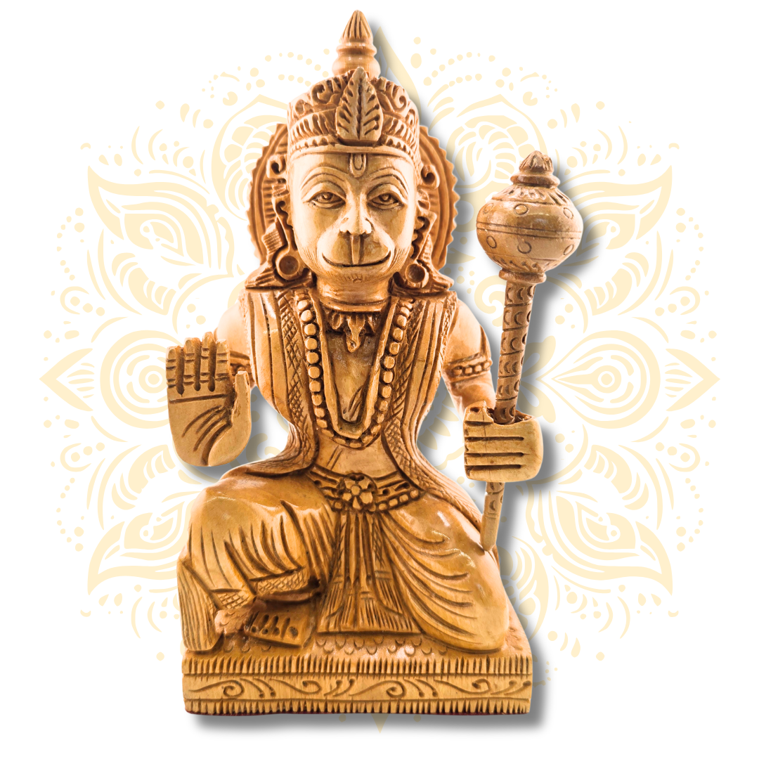 Hand Carved Wooden Sitting Hanuman Statue