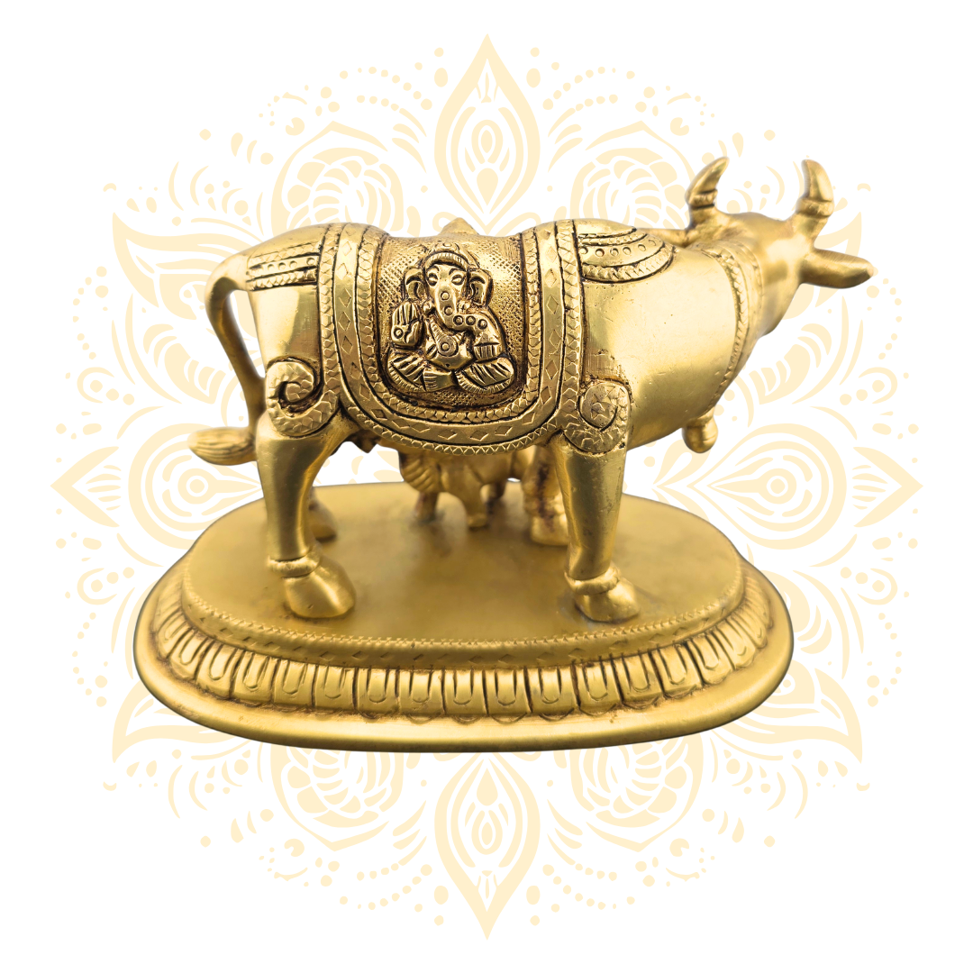 Brass Kamadhenu Cow w/ Calf & Ganesh - Matchless Gifts8