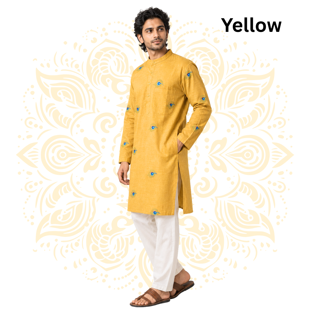 Men’s Peacock Feather Embroidered Cotton Kurta