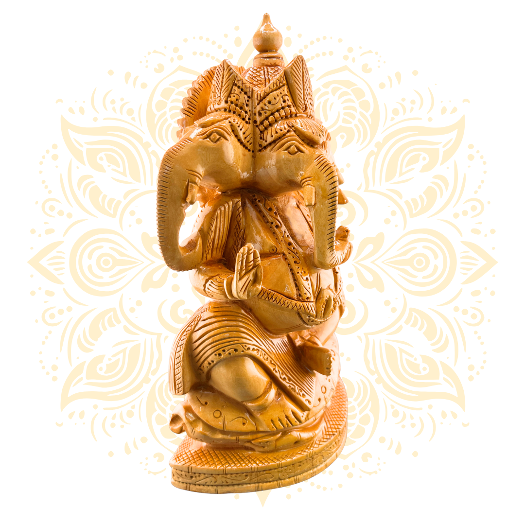 Hand Carved Wooden Three Head Ganesh Statue 10”