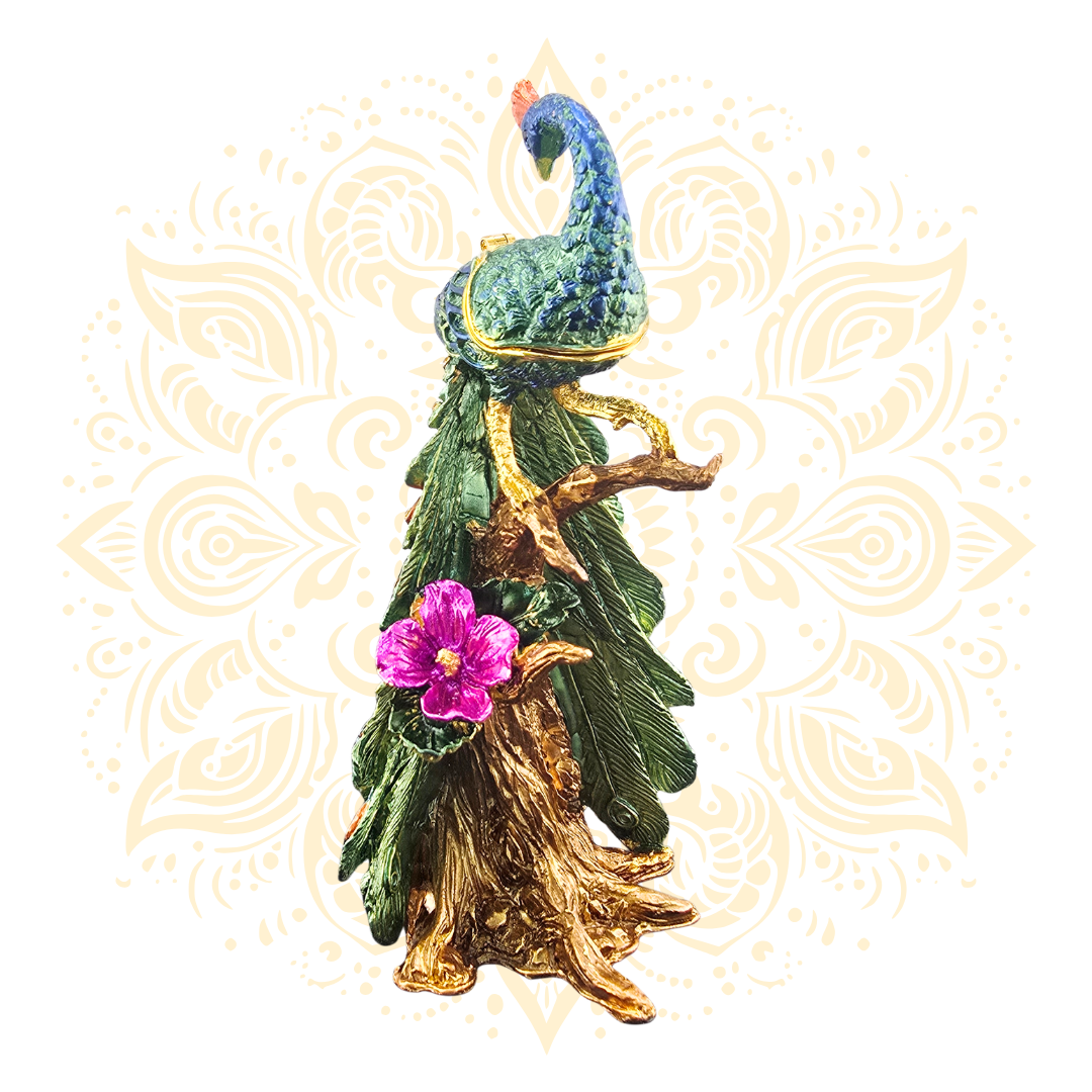 Peacock Metal Trinket Box w/ Crystal Accents | 6 x 3 Inch - Matchless Gifts