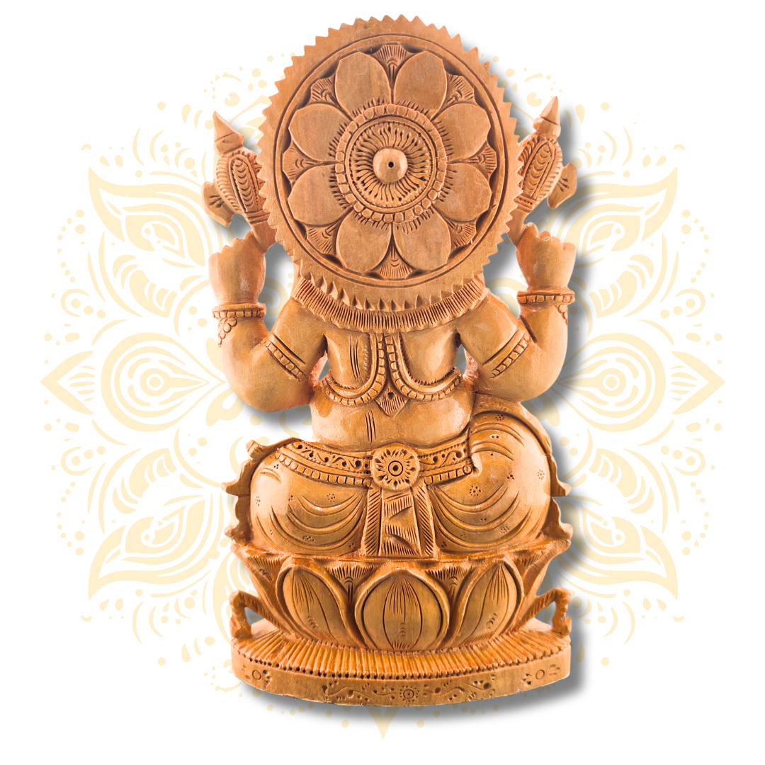 Hand Carved Wooden Ganesh on Lotus Statue – 8” - Matchless Gifts