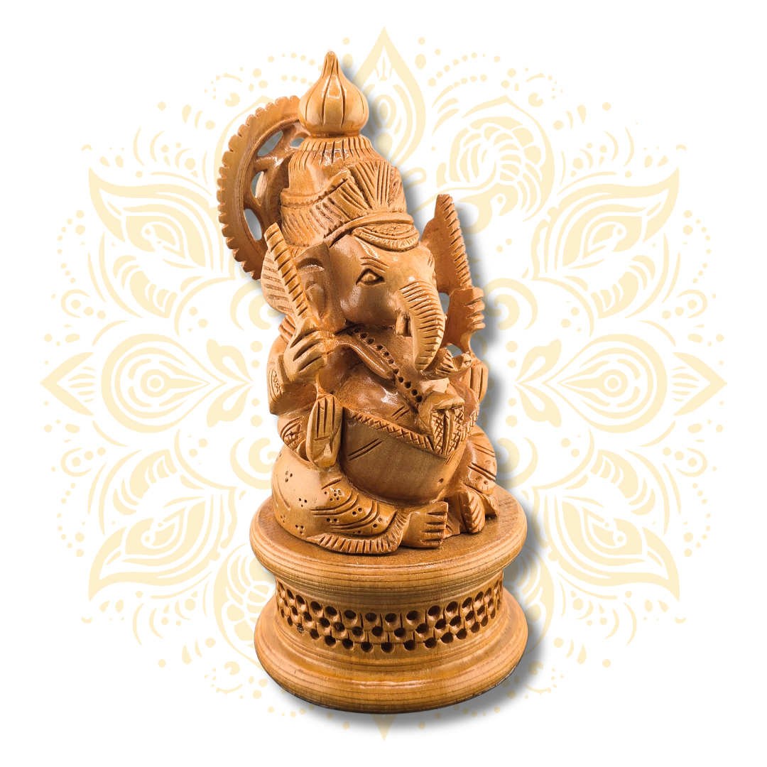 Hand Carved Wooden Jali Ganesh Statue 6” – Lord Ganesha