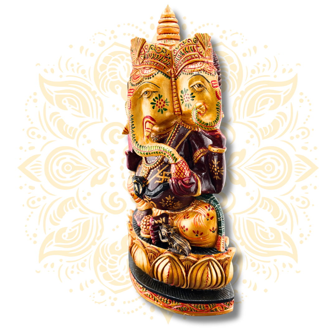 Hand Painted Wooden Three Face Ganesh 12"