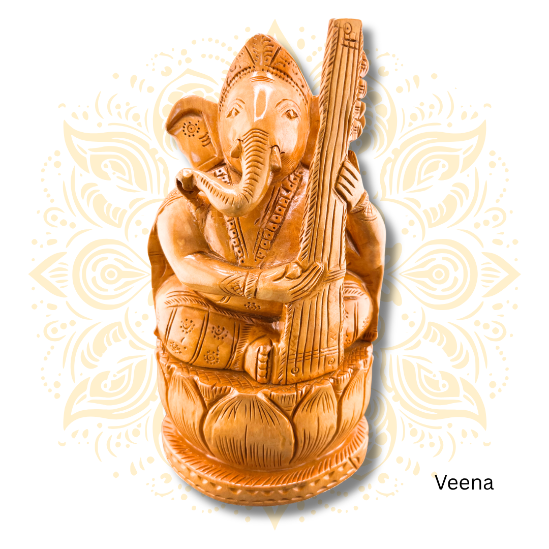 Hand Carved Wooden Musician Ganesha Statue 8”