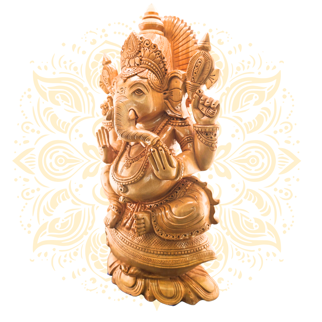 Hand Carved Wooden Ganesh on Conch 12”