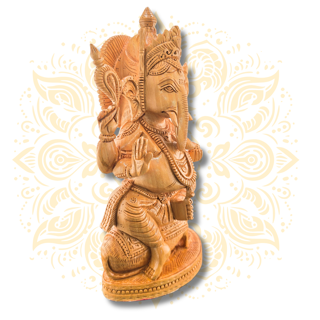 Hand Carved Wooden Ganesha Statue 9”