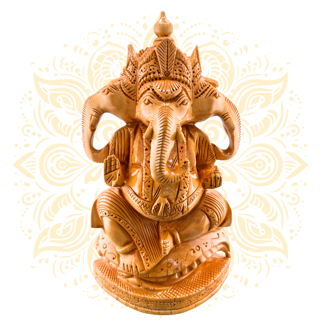 Hand Carved Wooden Three Head Ganesh Statue 10”
