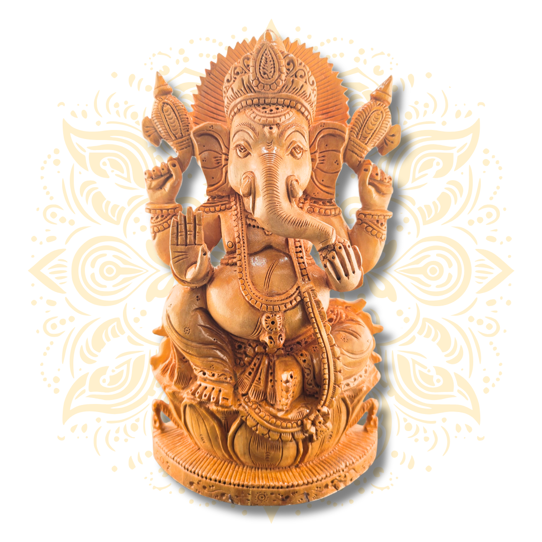Hand Carved Wooden Ganesh on Lotus Statue – 8” - Matchless Gifts