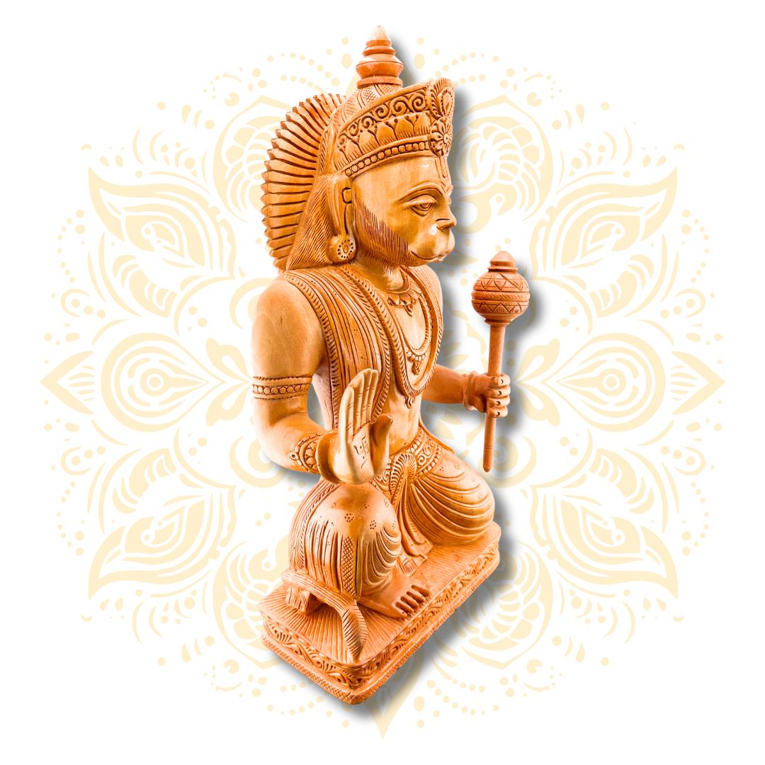 Hand Carved Wooden Sitting Hanuman Statue – 14” - Matchless Gifts