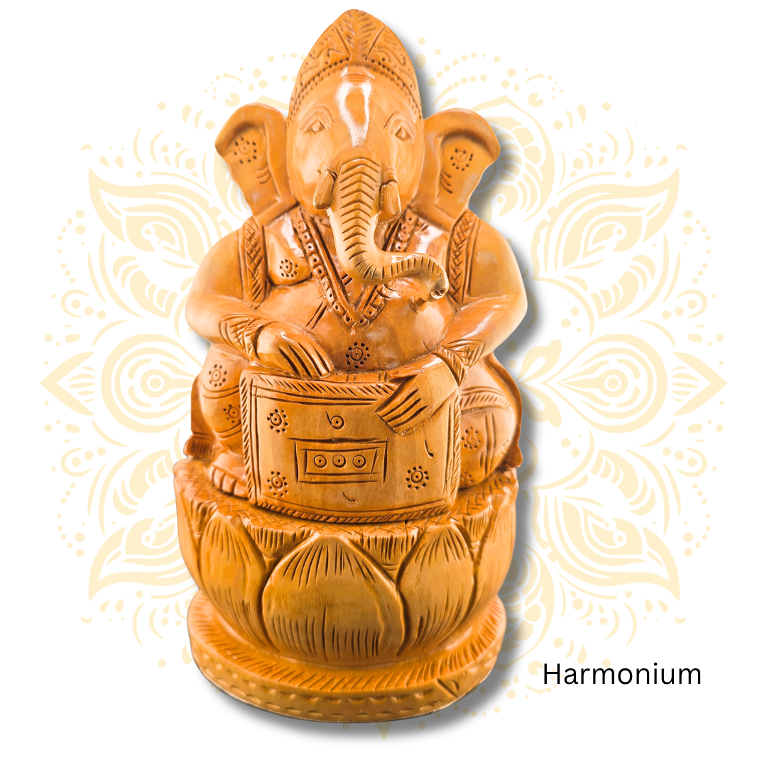 Hand Carved Wooden Musician Ganesha Statue 8”