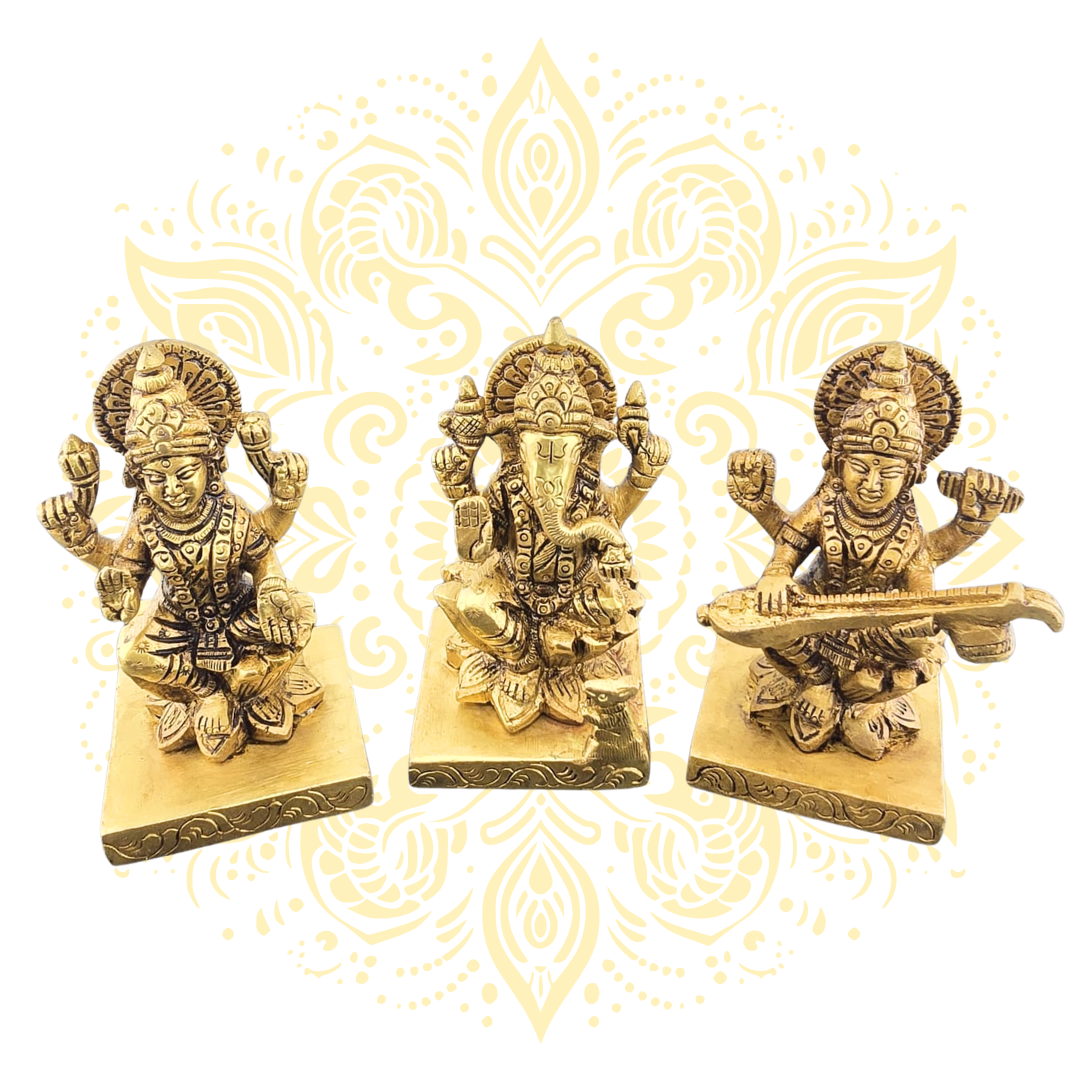 4" Saraswati, Ganesha and Lakshmi In Brass