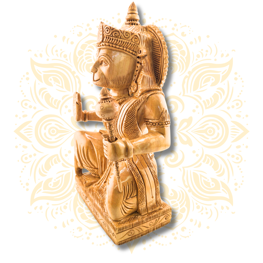 Hand Carved Wooden Sitting Hanuman Statue