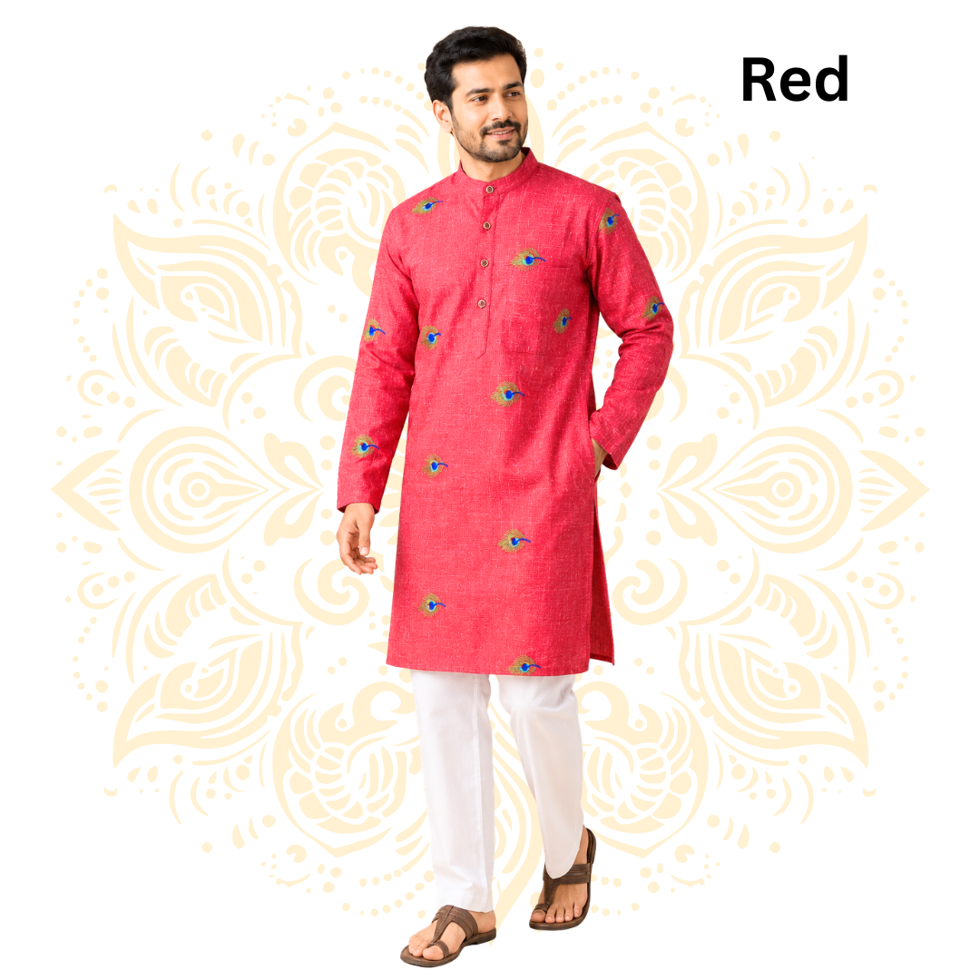Men’s Peacock Feather Embroidered Cotton Kurta
