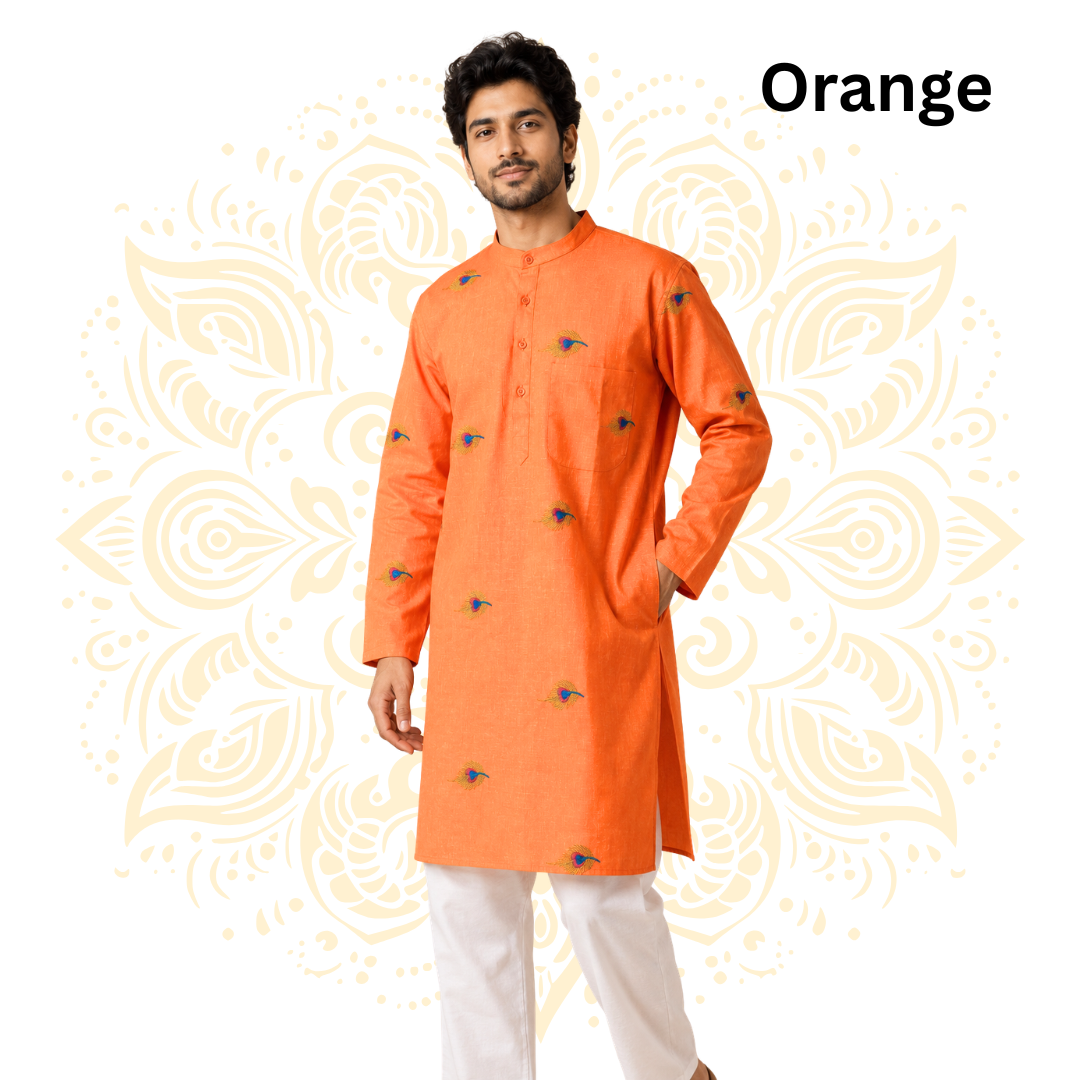 Men’s Peacock Feather Embroidered Cotton Kurta