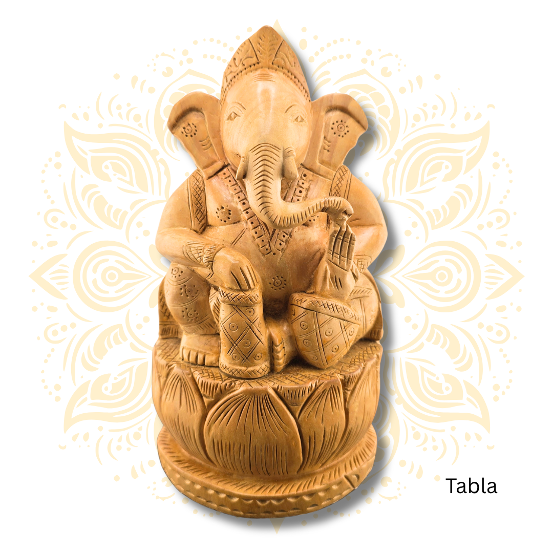 Hand Carved Wooden Musician Ganesha Statue 6”