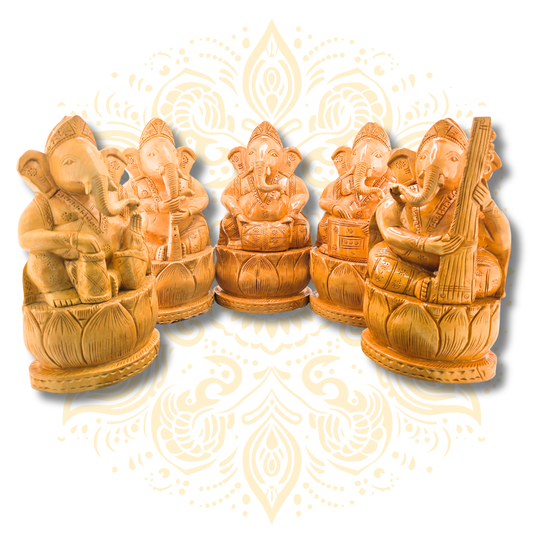 Hand Carved Wooden Musician Ganesha Statue 6”