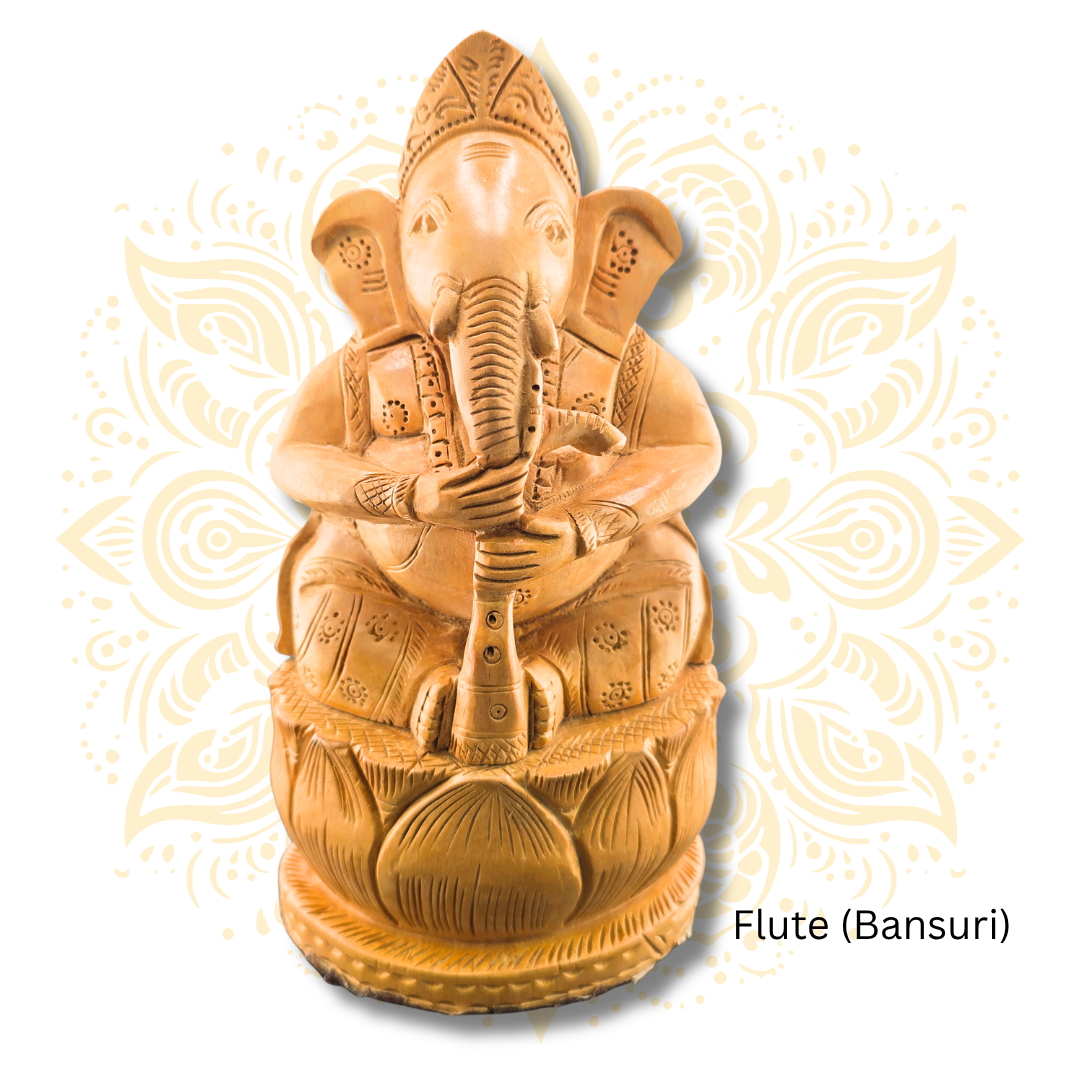 Hand Carved Wooden Musician Ganesha Statue 8”