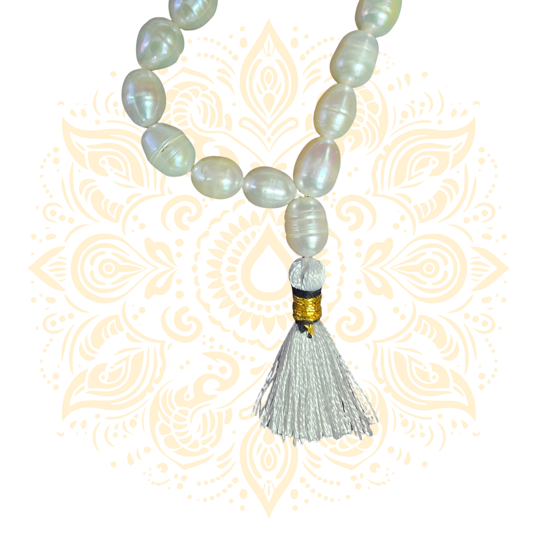 Pearl Japa Mala w/ 108 Beads & White Tassel, 20"