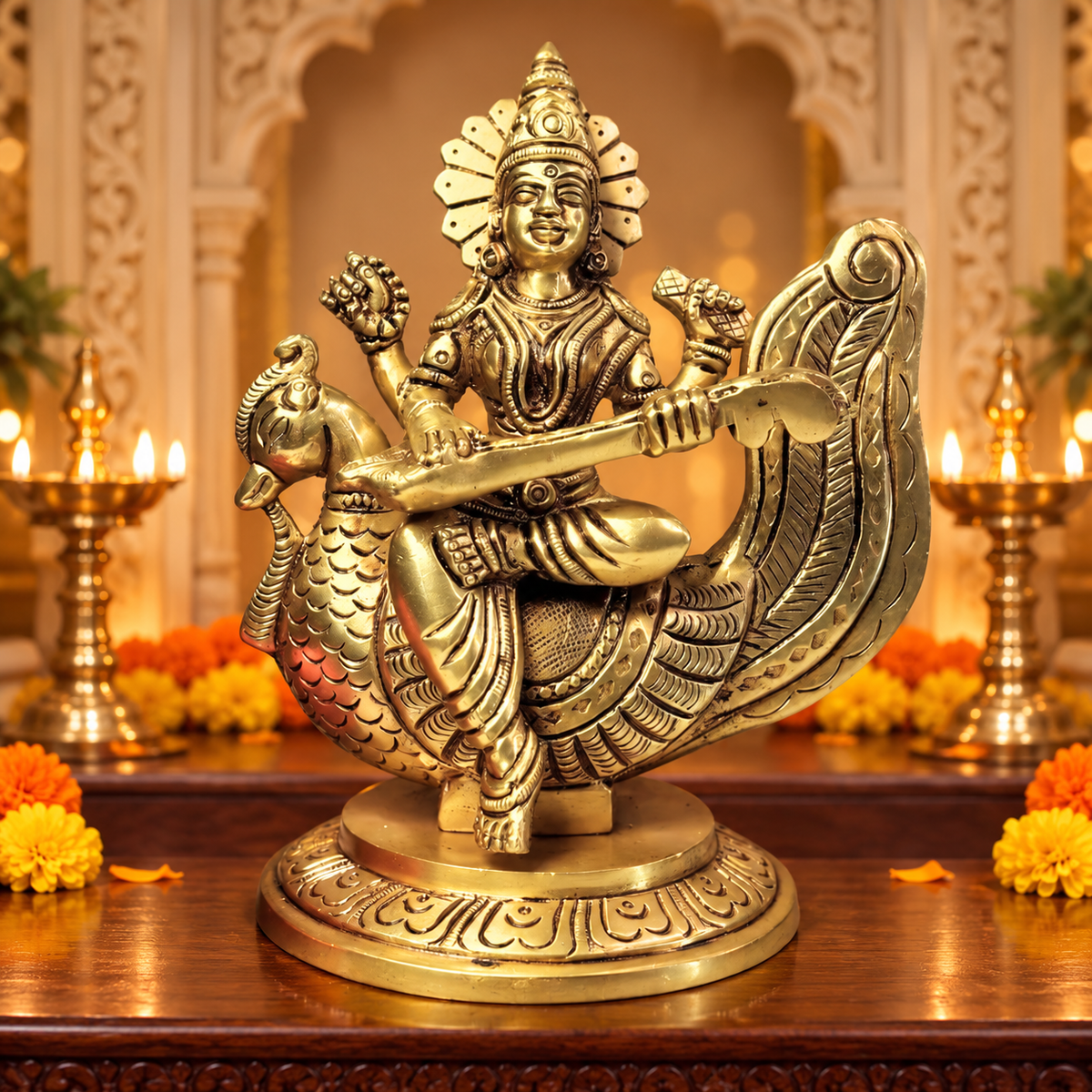 Saraswati 5.5" Brass Murti on Peacock