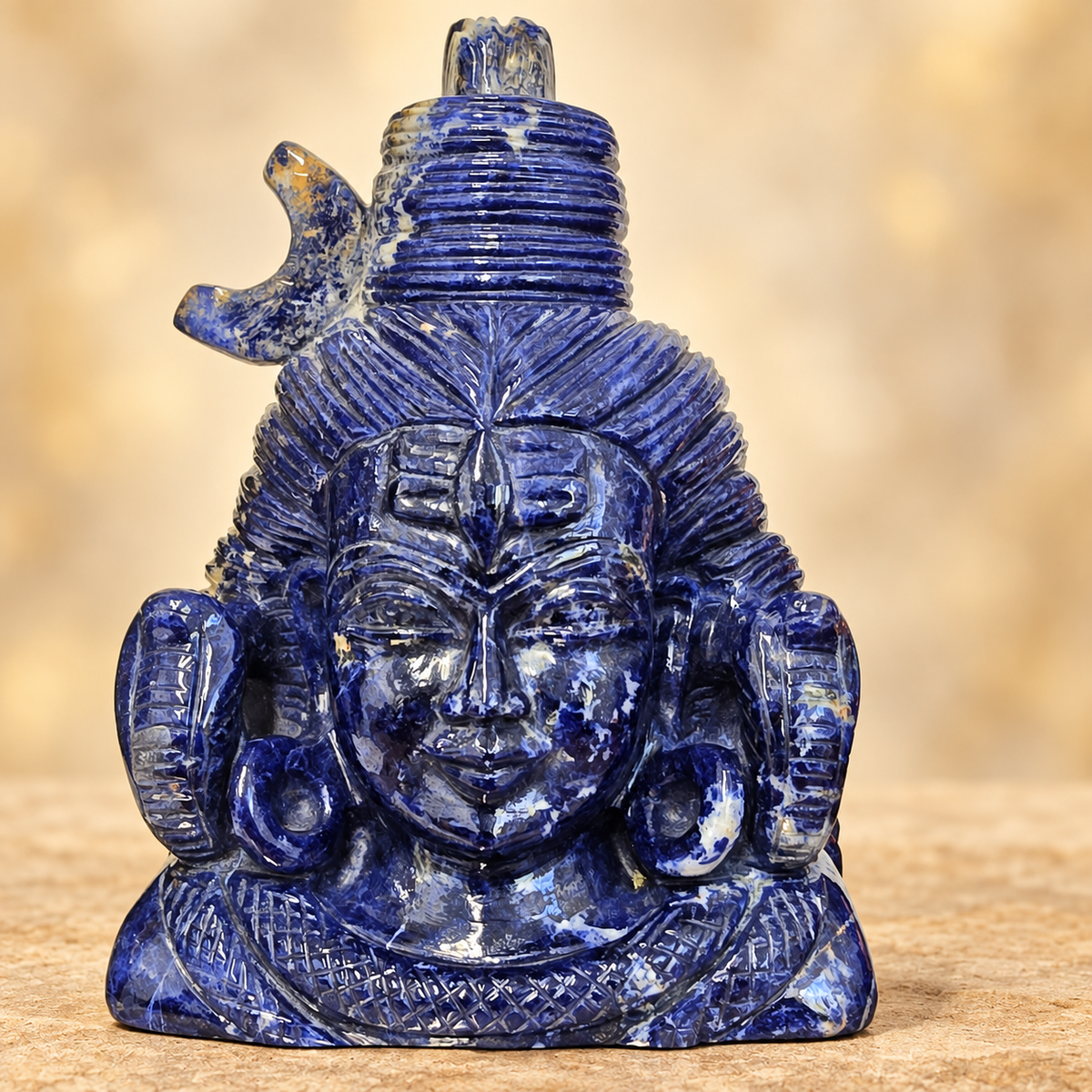One-of-a-Kind Hand-Carved Sodalite Shiva Head with Cobras – 6"