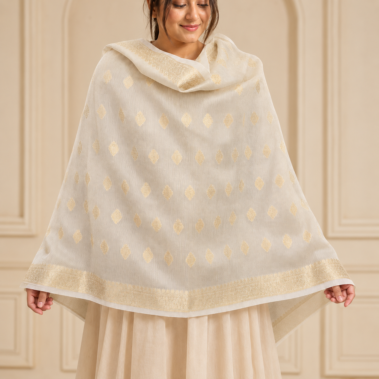 Gold Striped Floral Booti Tissue Dupatta