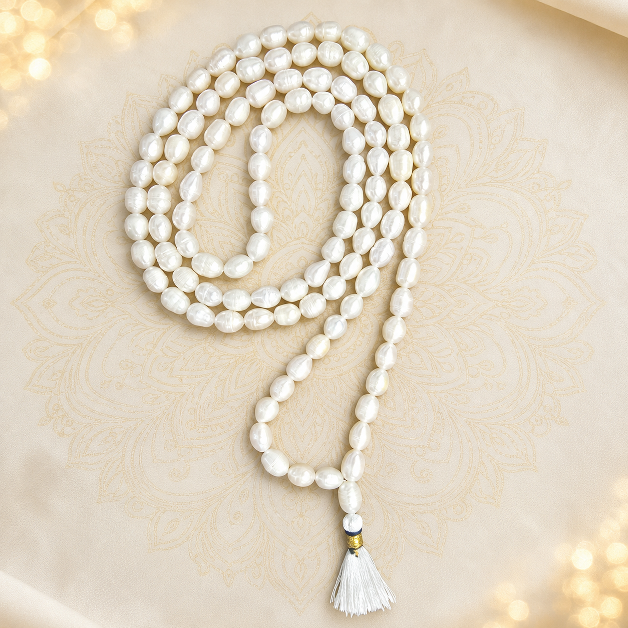 Pearl Japa Mala w/ 108 Beads & White Tassel, 20"