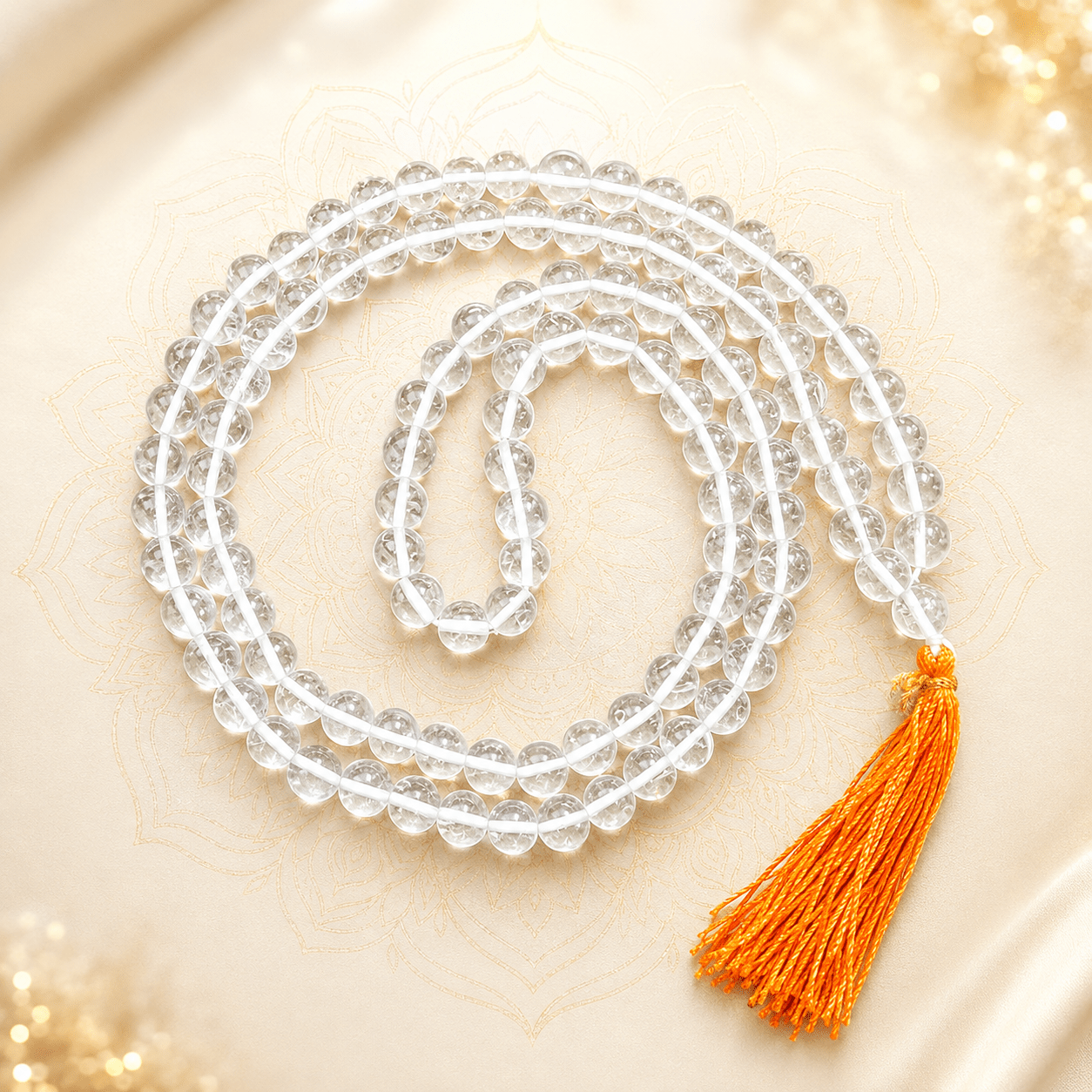 Clear Crystal Japa Mala w/ 108 Beads & Orange Tassel, 16" - Matchless Gifts