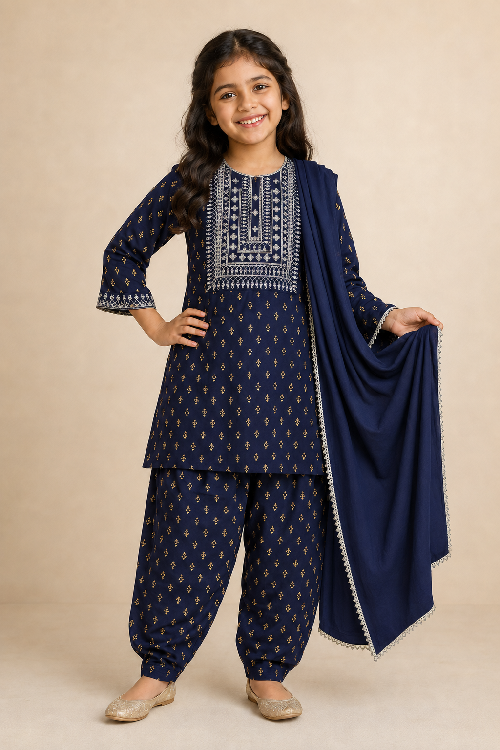 Girls’ Traditional Cotton Kurti Set w/ Chadar