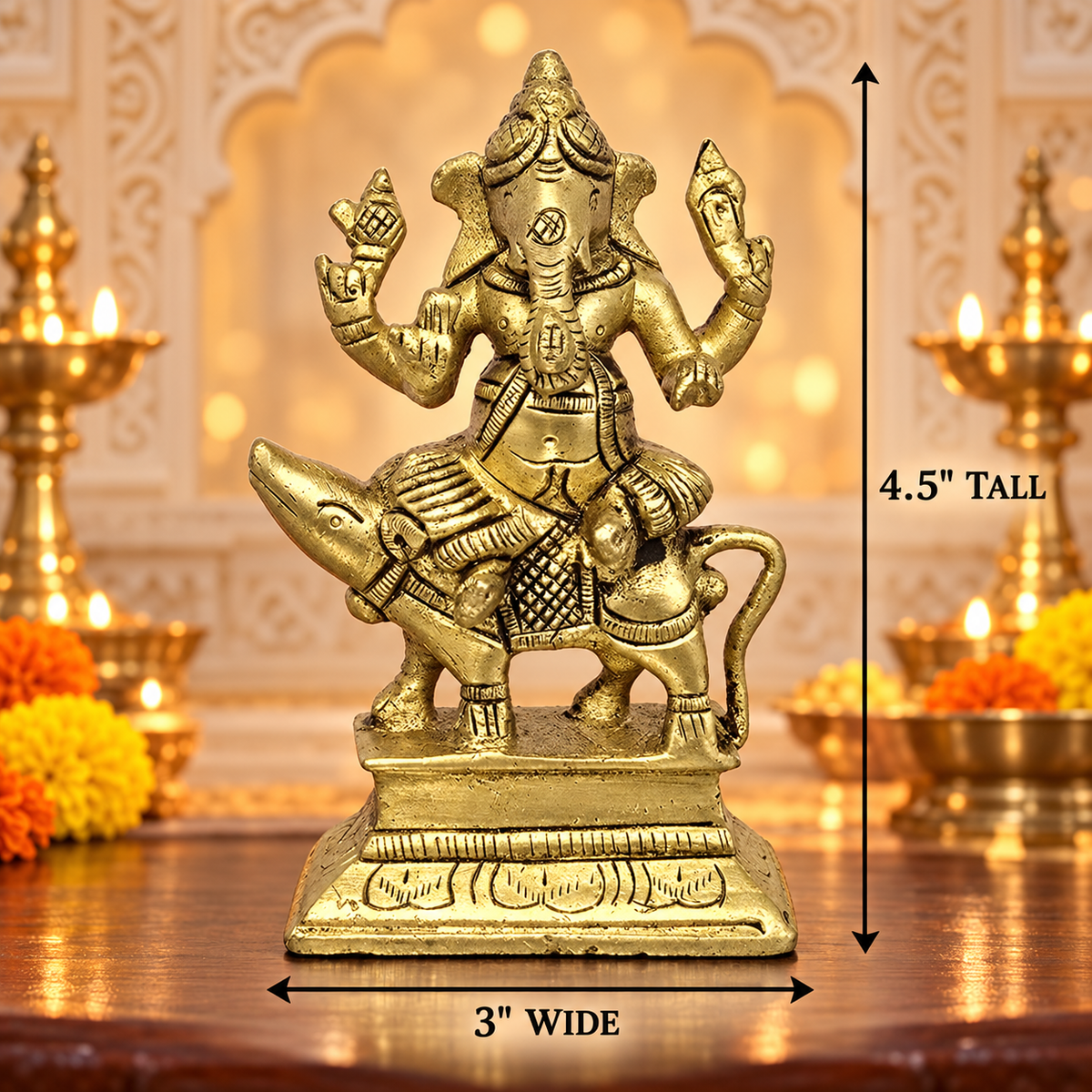 Brass Ganesha Seated on Mouse (Mushika) – 4.5"