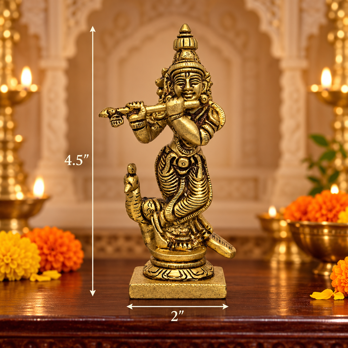 Brass Standing Peacock Krishna 4.5"