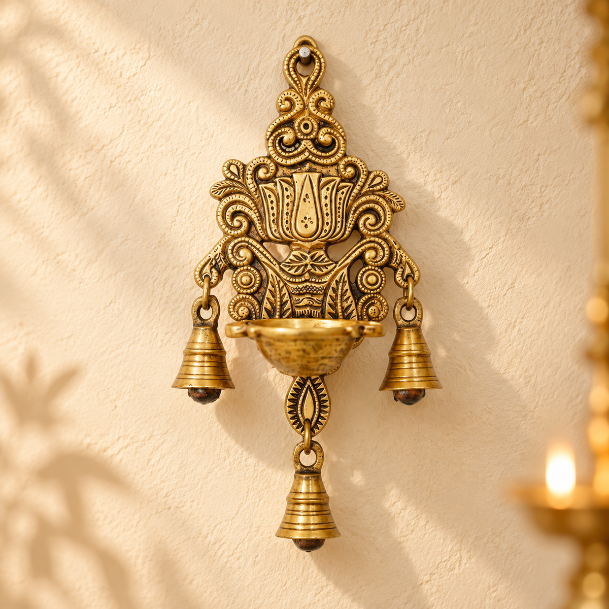Handicrafts Brass Wall Hanging Diya with 3 Hanging Bells 11 x5 "