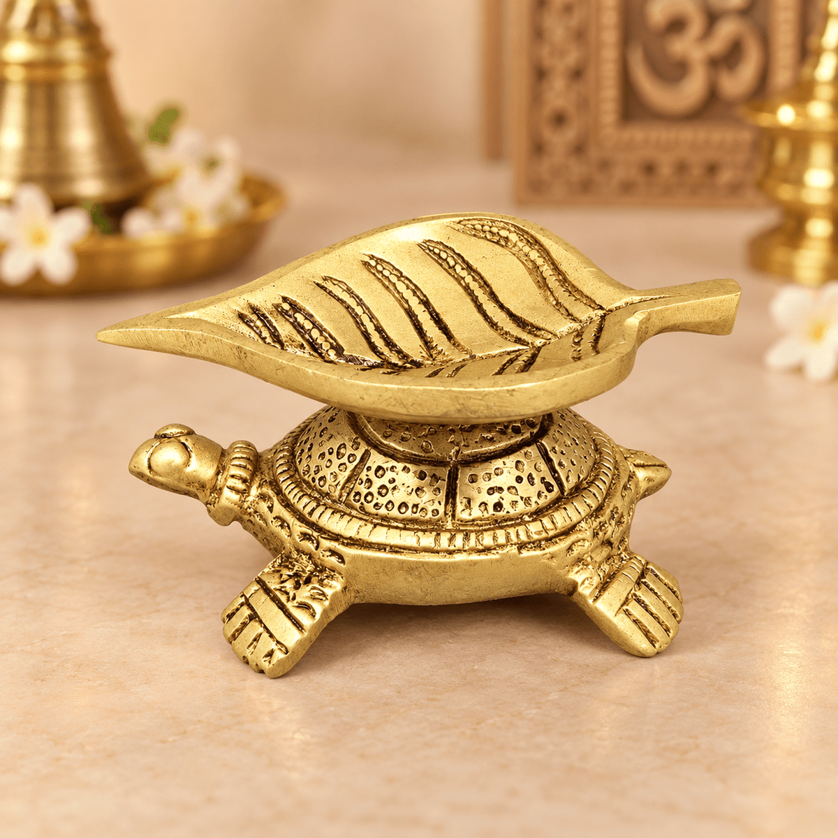 Handcrafted Brass Turtle Diya w/ Leaf Oil Lamp – 3" × 2.5" - Matchless Gifts