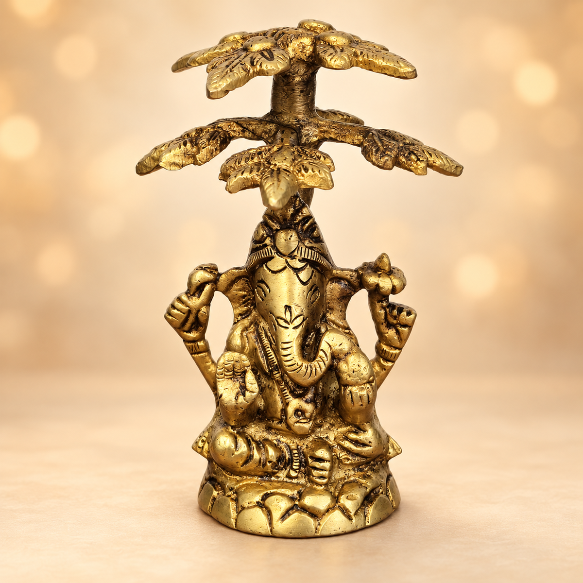 4" Small Blessing Lord Ganesha Seated Under The Tree | Brass Statue