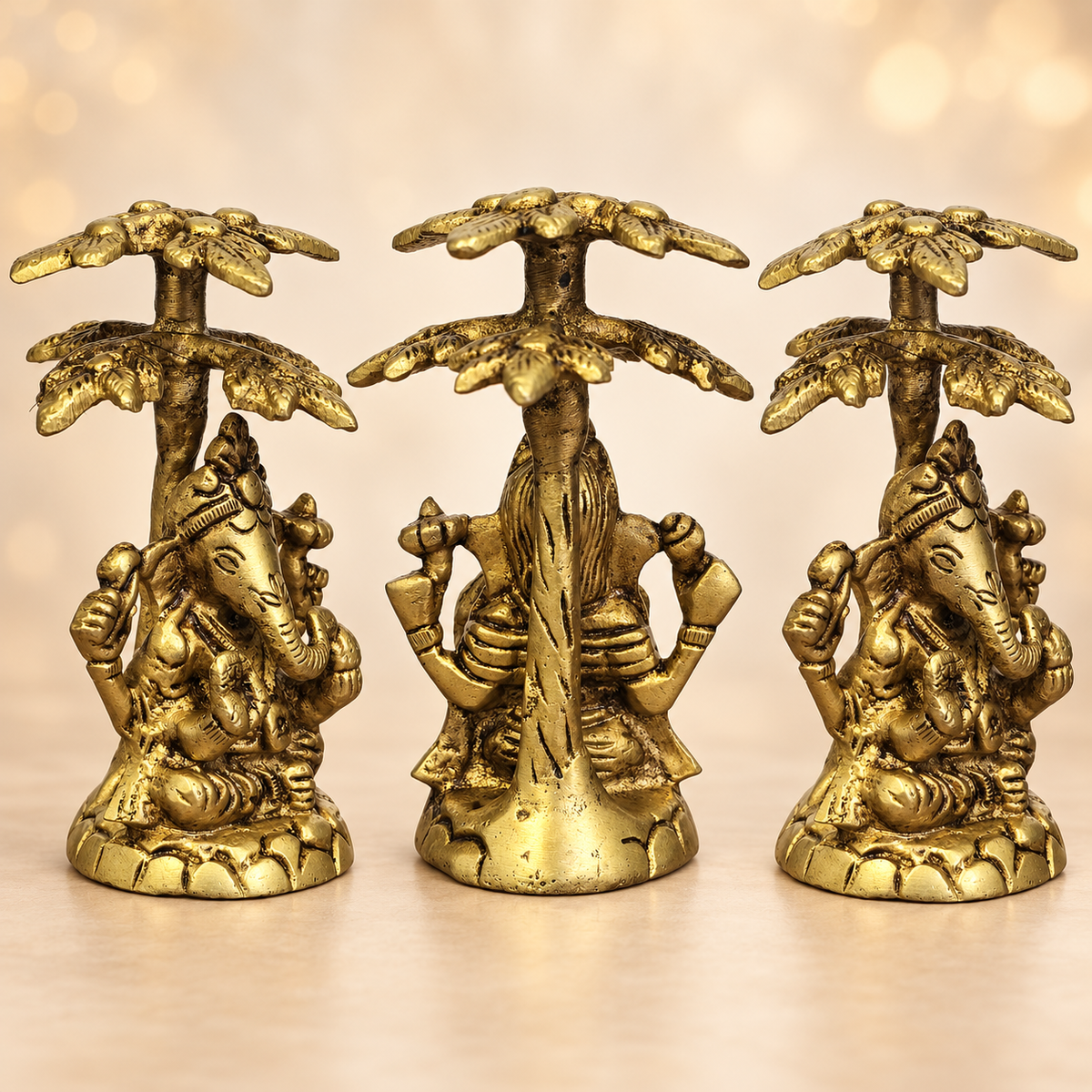 4" Small Blessing Lord Ganesha Seated Under The Tree | Brass Statue