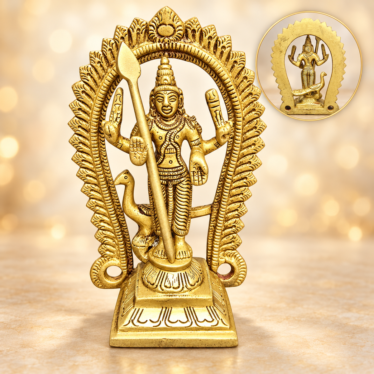Brass Lord Murugan with Peacock and Frame  5"