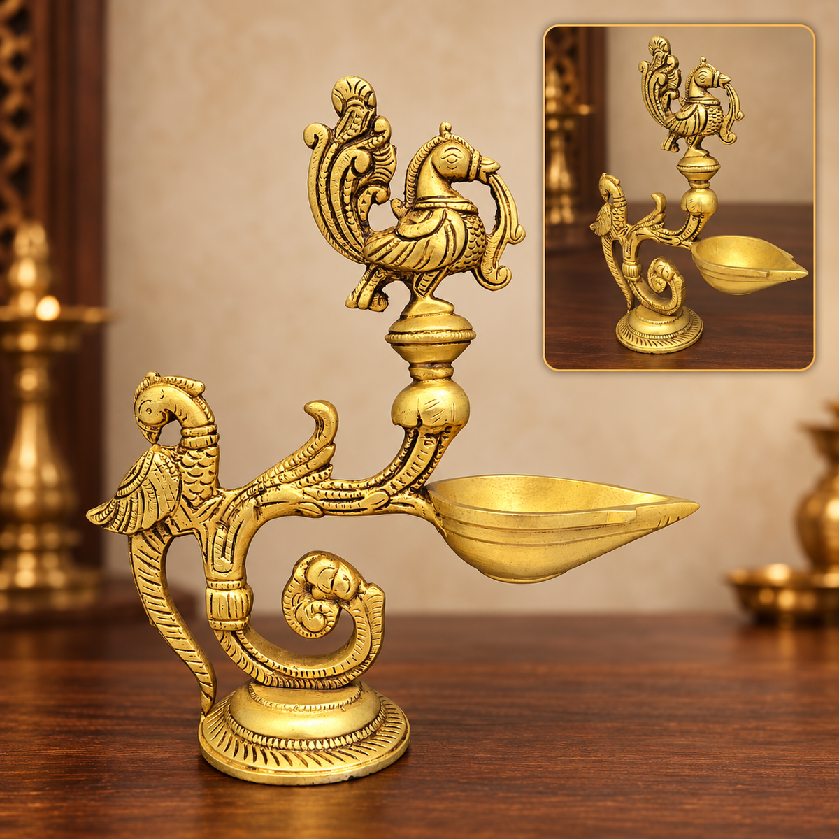 Brass  Two Peacock  Batti Deepak – 7 x 8"