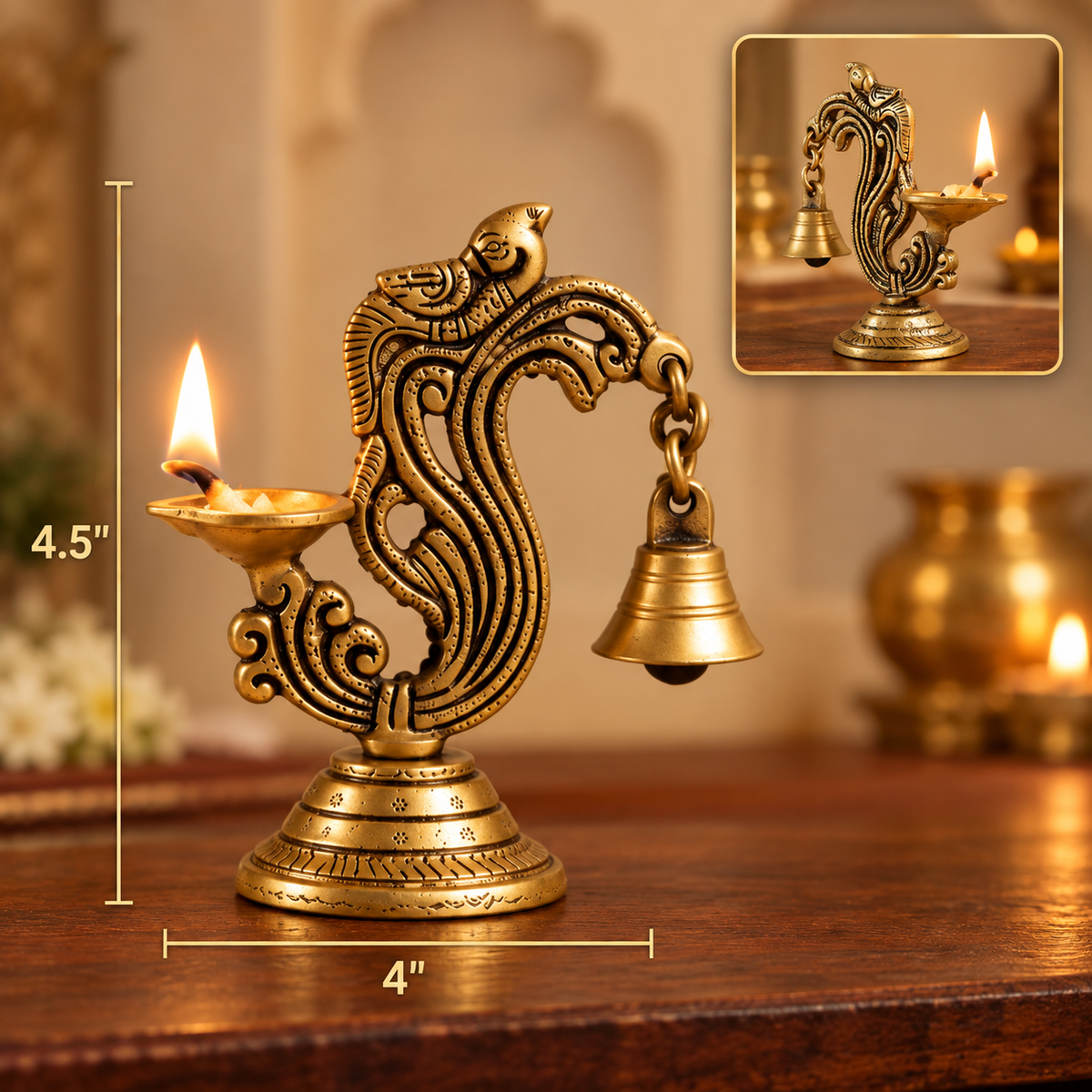 Handmade Brass Peacock Oil Lamp Diya with Bell | 4x4.5"