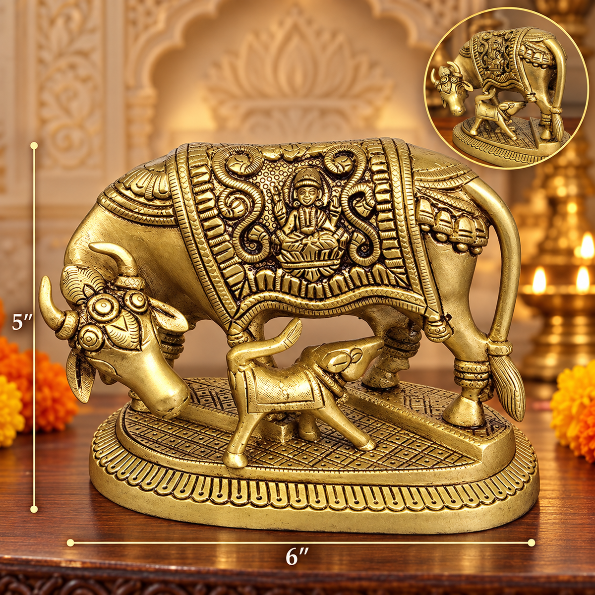 Brass Kamadhenu Cow w/ Calf & Laxmi/Ganesh 5x6"
