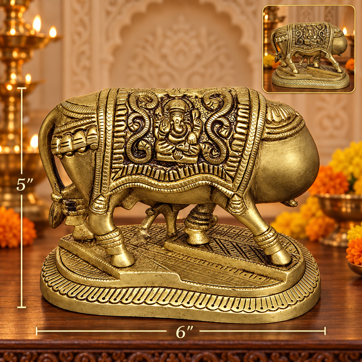 Brass Kamadhenu Cow w/ Calf & Laxmi/Ganesh 5x6"
