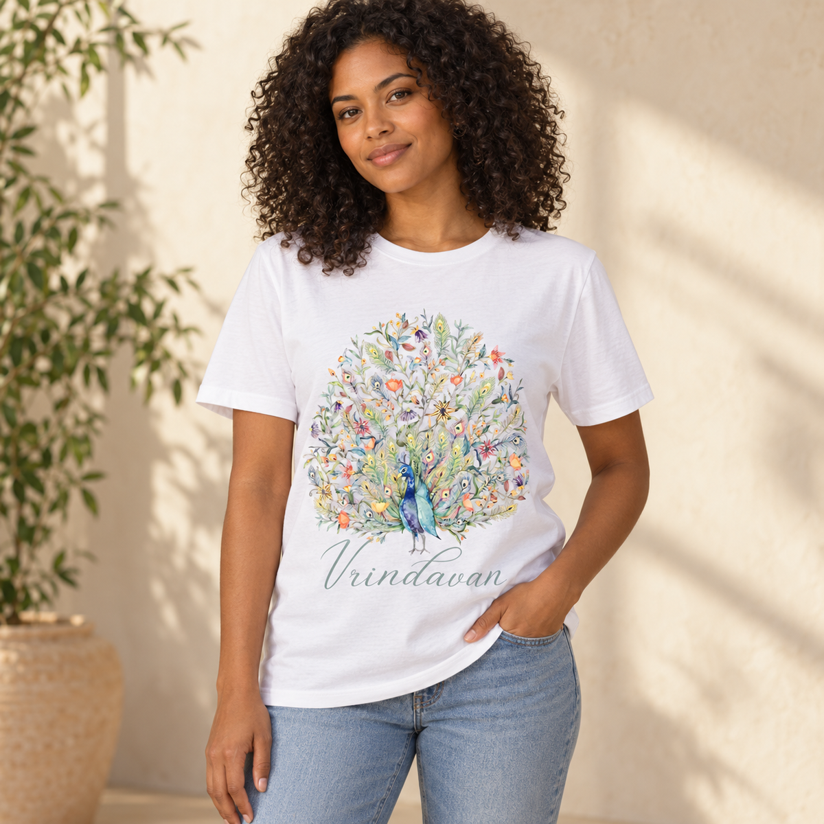 Krishna Peacock & Flowers Unisex Devotional T-Shirt