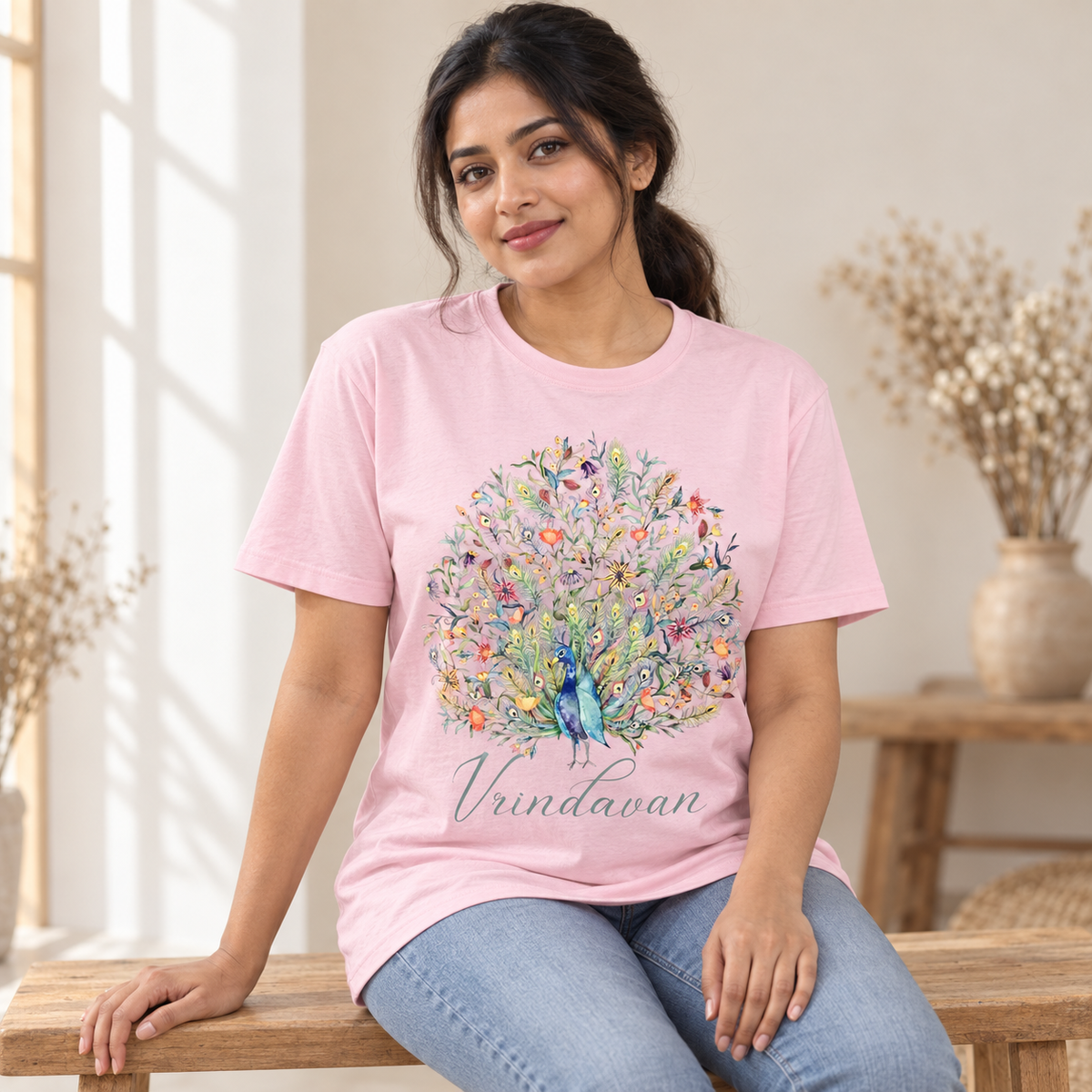 Krishna Peacock & Flowers Unisex Devotional T-Shirt