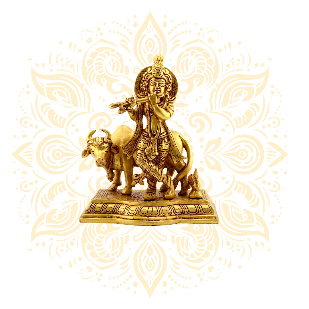 Brass Krishna w/ Cow Murti | Lord Krishna Playing Flute Brass Deity - Matchless Gifts