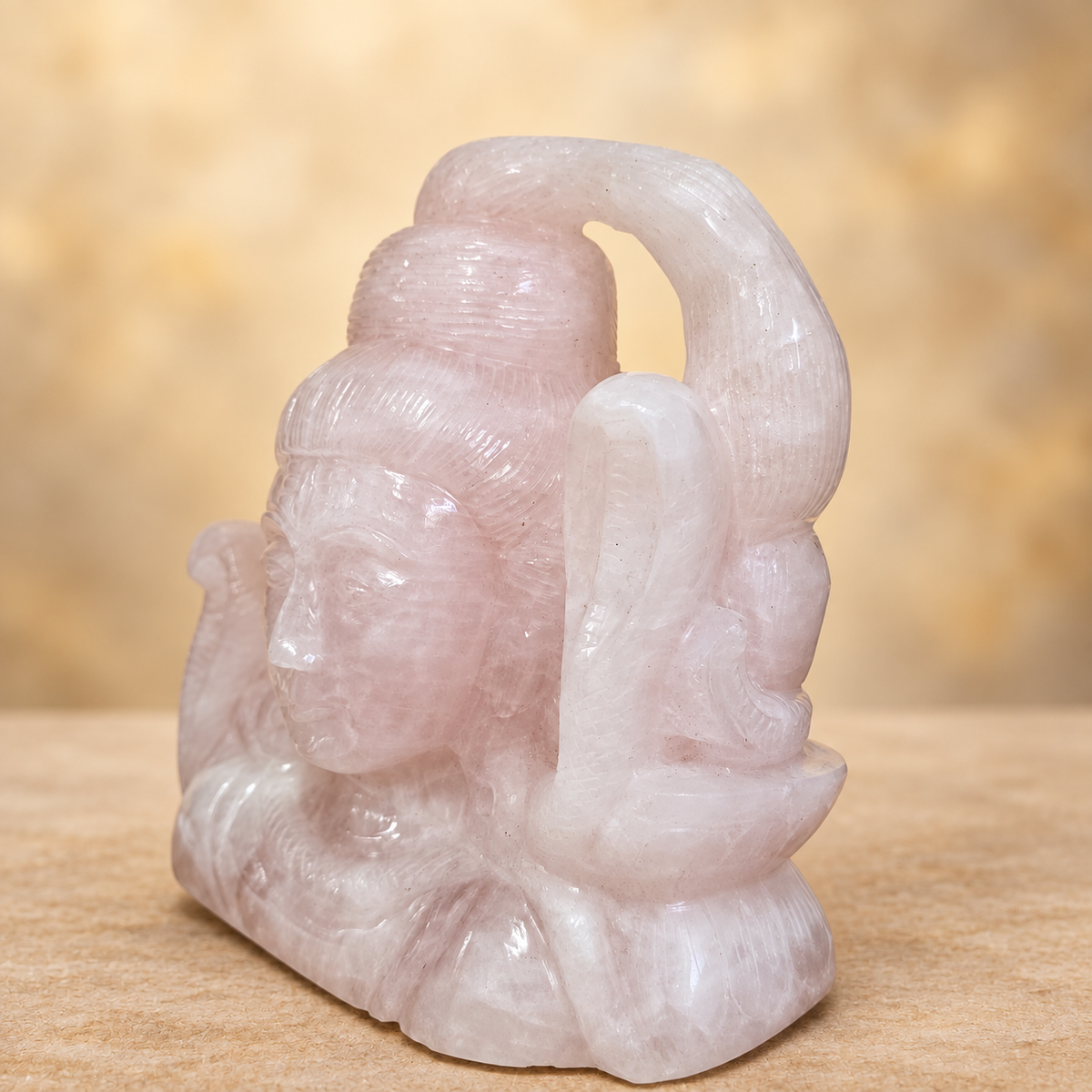 One-of-a-Kind Hand-Carved Rose Quartz Shiva Head with Cobras – 6"