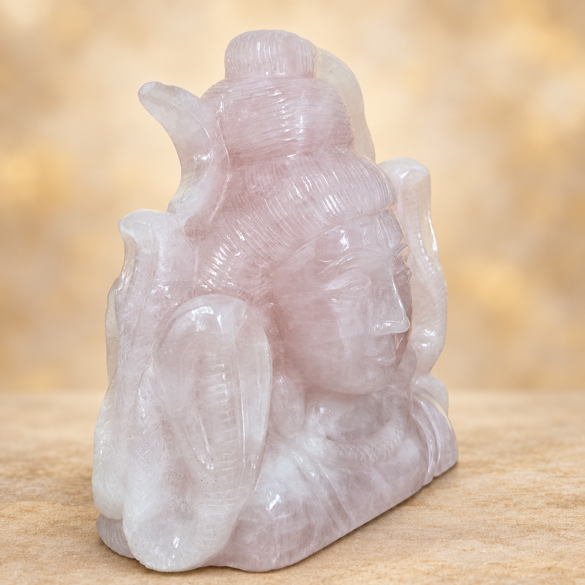 One-of-a-Kind Hand-Carved Rose Quartz Shiva Head with Cobras – 6"