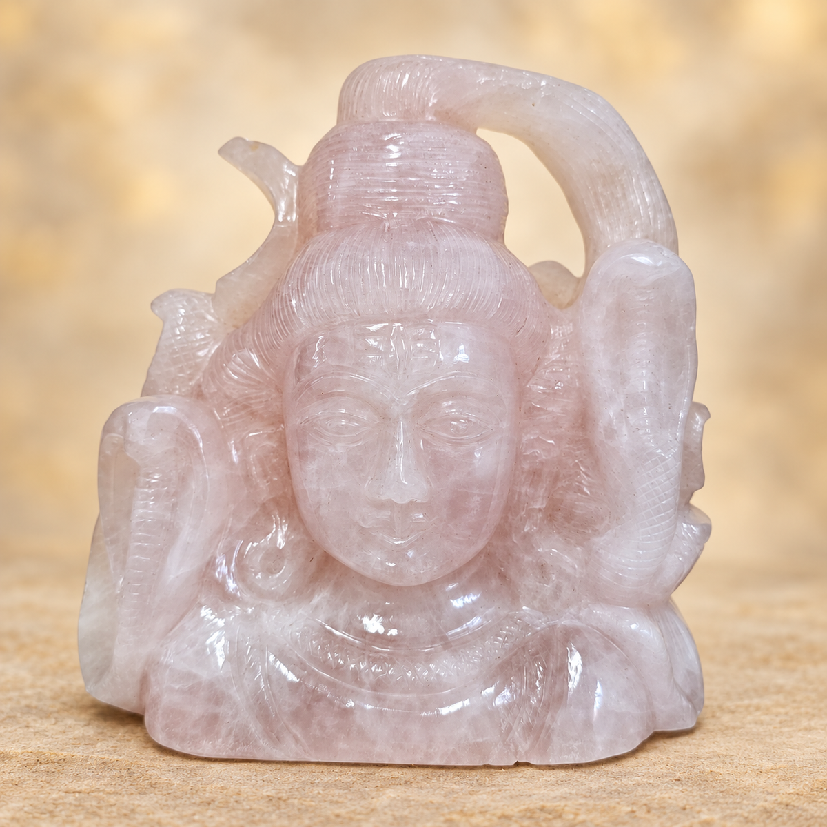 One-of-a-Kind Hand-Carved Rose Quartz Shiva Head with Cobras – 6"